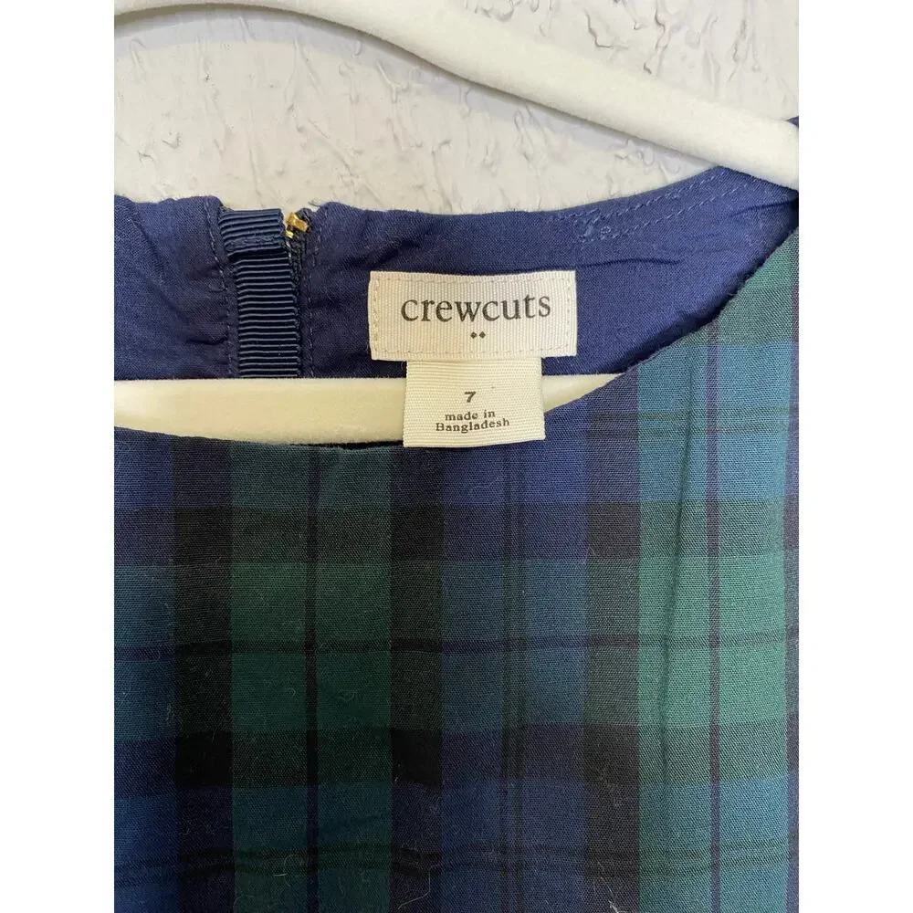 Crewcuts J Crew Girls Poplin Black Watch Green Navy Blue Plaid Ruffle Dress 7